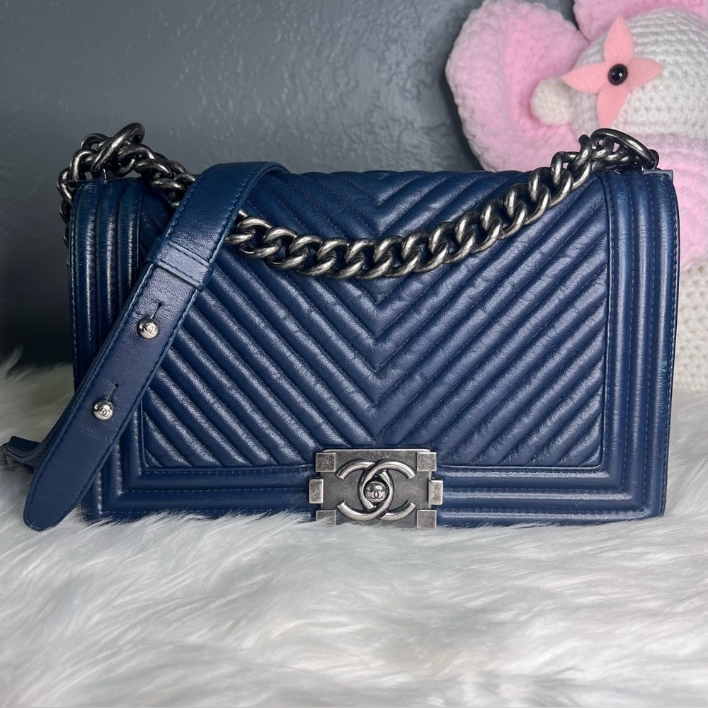 CHANEL Blue Crossbody Bag with Silver Chain